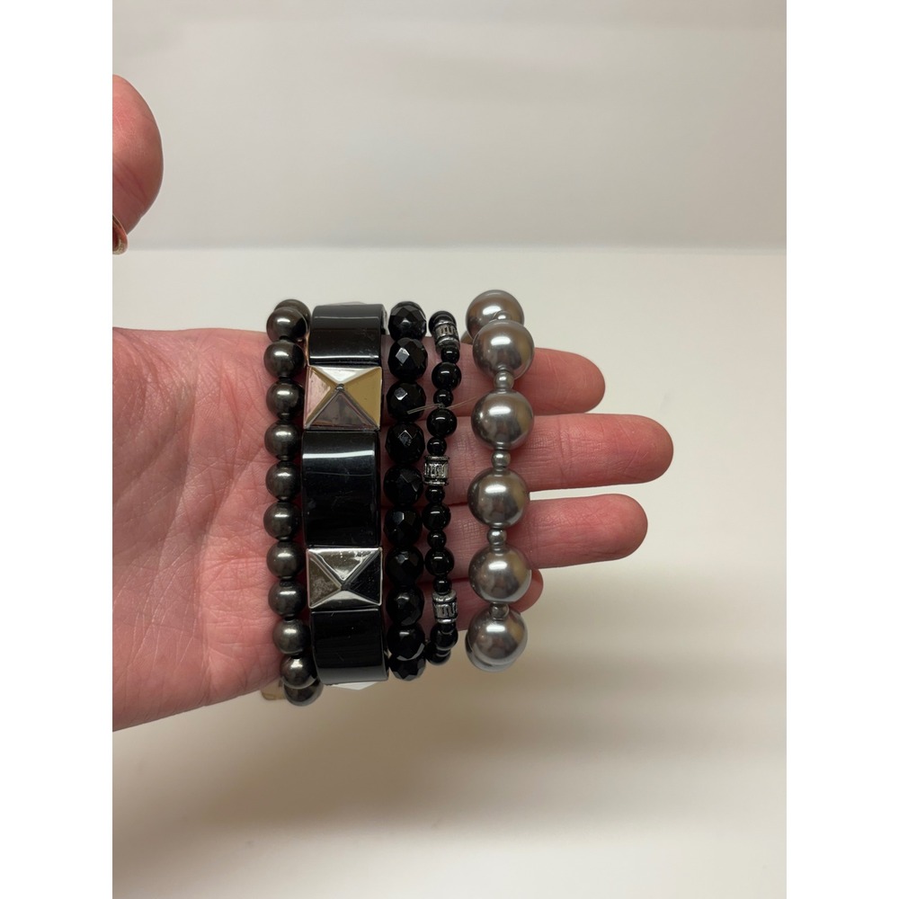 Set of 5 Black and Silver Stretch Bracelets Studded Bangle Faux Pearl Beaded